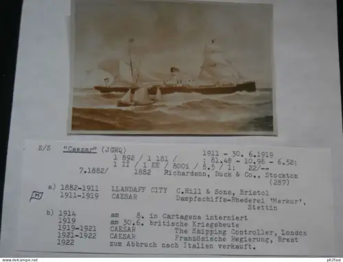 Foto mit Schiff "Caesar", Reederei Stettin , Archivblatt - technische Daten und Historie , Schiffbau , Pommern !