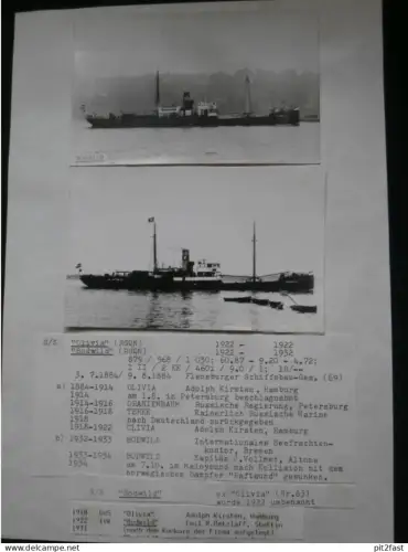 Foto mit Schiff "Olivia", Reederei Stettin , Archivblatt - technische Daten und Historie , Schiffbau , Pommern !