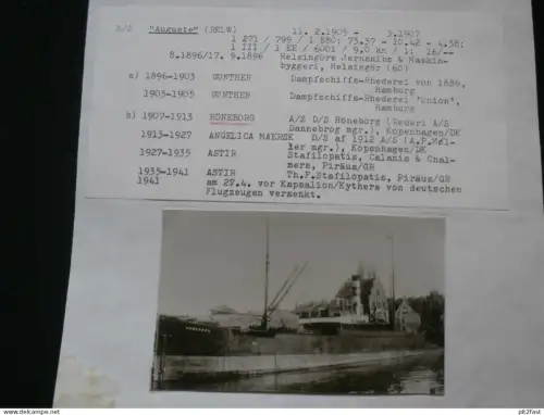 Foto mit Schiff "Auguste", Reederei Stettin , Archivblatt - technische Daten und Historie , Schiffbau , Pommern !