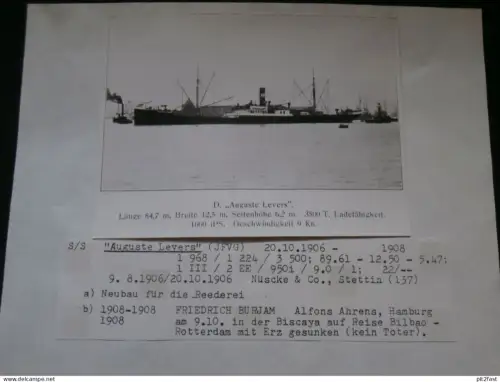 Foto mit Schiff "Auguste Levers", Reederei Stettin , Archivblatt - technische Daten und Historie , Schiffbau , Pommern !