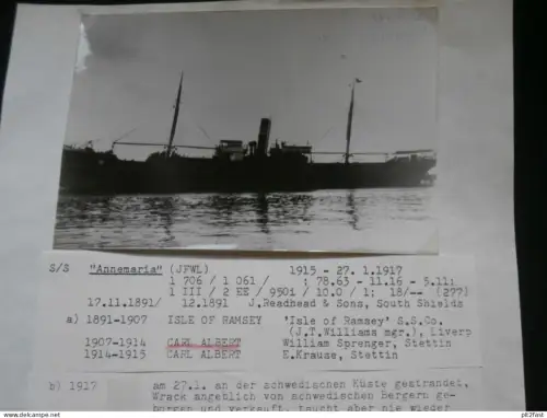 Foto mit Schiff "Annemaria", Reederei Stettin , Archivblatt - technische Daten und Historie , Schiffbau , Pommern !!