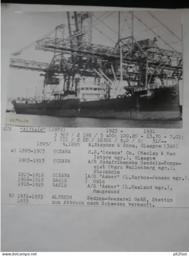 Foto mit Schiff "Alfheim", Reederei Stettin , Archivblatt - technische Daten und Historie , Schiffbau !!