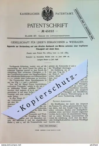 original Patent - Gesellschaft für Linde's Eismaschinen Wiesbaden | 1888 | Apparat zur Verdunstung | Wärme Gas | Gebläse