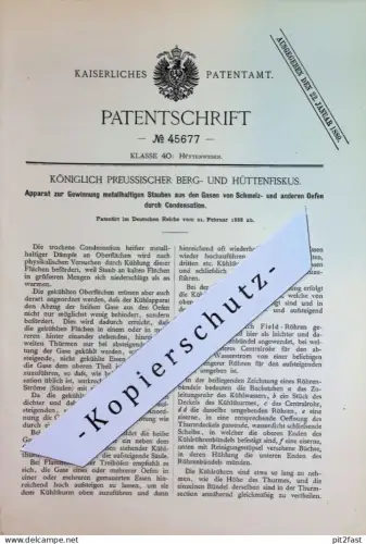 original Patent - Königlich Preussischer Berg- & Hüttenfiskus 1888 | metallhaltiger Staub aus Gas von Schmelzofen | Ofen