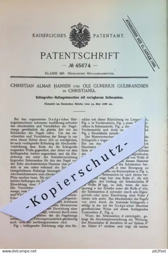 original Patent - Christian Almar Hansen , Ole Gunerius Gulbrandsen , Christiania , Norwegen | 1888 | Hufnagelmaschine