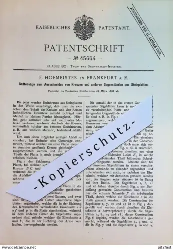 original Patent - F. Hofmeister , Frankfurt / Main | 1888 | Gattersäge | Stein - Säge | Gestein , Steinplatten , Sägen