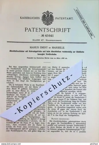 original Patent - Marius Emery , Marseille Frankreich | 1888 | Abschlussschieber m. Schraubgetriebe | Maschinen Getriebe