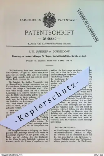 original Patent - F. W. Unterilp , Düsseldorf | 1888 | Lenkung für Wagen , Kutsche , Fahrzeug | Landwirtschaft !!!