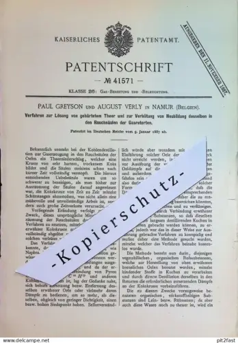 original Patent - Paul Greyson , August Verly , Namur , Belgien | 1887 | Lösung von gehärtetem Teer | Gas , Gasretorte !