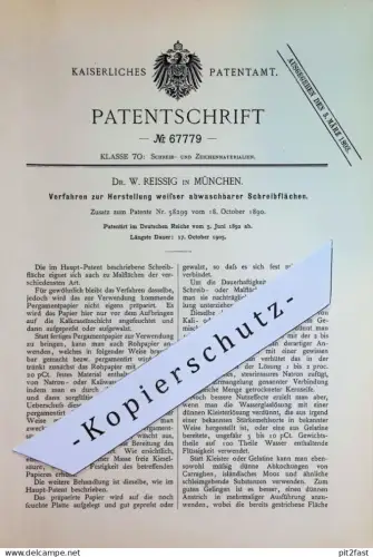 original Patent - Dr. W. Reissig , München | 1892 | Herstellung abwaschbarer Schreibflächen | Tafel | Papier , Schule