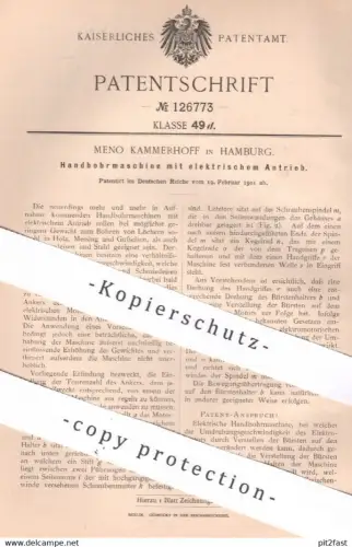 original Patent - Meno Kammerhoff , Hamburg , 1901 , Handbohrmaschine mit elektrischem Antrieb | Bohrmaschine | Bohrer