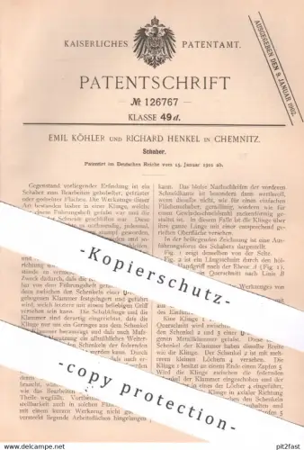 original Patent - Emil Köhler , Richard Henkel , Chemnitz , 1901 , Schaber | Fräse , Feile , Hobel | Holz | Tischlerei