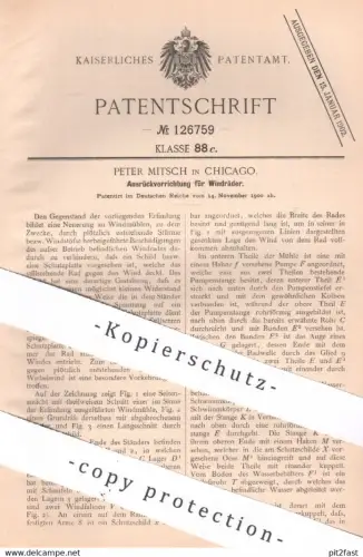 original Patent - Peter Mitsch , Chicago , USA , 1900 , Ausrückvorrichtung für Windräder | Windrad , Windkraft
