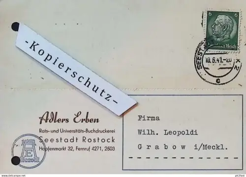 Druckerei - Adlers Erben in Rostock i. Mecklenburg , 1941 , L. Elbern in Güstrow , Reklame  !!