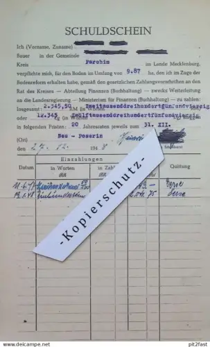 Schuldschein - Bauer in Neu Poserin b. Parchim , 1948 , Bodenreform , Goldberg , altes Dokument , Mecklenburg !!