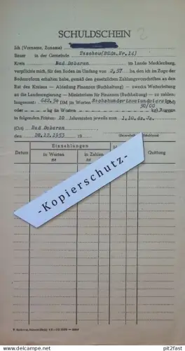 Schuldschein - Bauer in Teschow b. Bad Doberan , 1953 , Bodenreform , altes Dokument , Mecklenburg !!