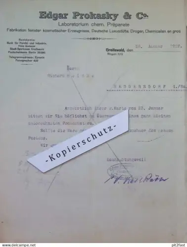 Edgar Prokasky & Co. in Greifswald , 1919 , Richard Heinke in Neugersdorf i.Sa., altes Dokument , Mecklenburg !!