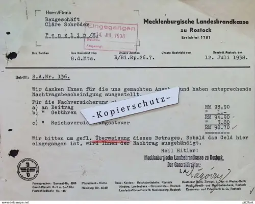 Landesbrandkasse zu Rostock , 1938 , Versicherung , altes Dokument , Mecklenburg !!