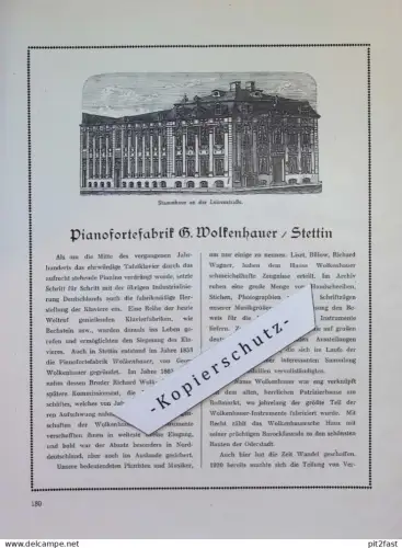 Pianoforte-Fabrik Wolkenhauer in Stettin i. Pommern , ca. 1935, Werbung / Reklame aus Zeitschrift , ca. 295x225mm