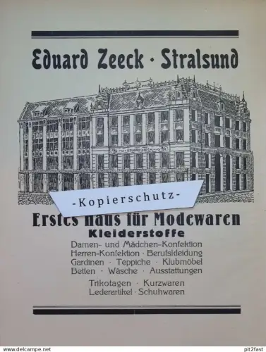 Kaufhaus Eduard Zeeck / Seitz & Kindt in Stralsund , ca. 1935, Werbung / Reklame aus Zeitschrift , ca. 295x225mm