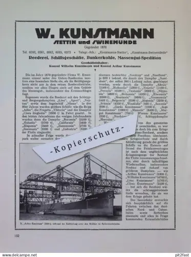 Reederei Kunstmann in Swinemünde und Stettin i. Pommern , ca. 1935 , Werbung / Reklame aus Zeitschrift , ca. 295x225mm !