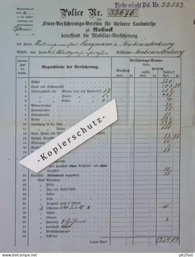 Versicherung für Landwirte zu Rostock , 1891 , Police , P. Langmann in Neubrandenburg , altes Dokument , Mecklenburg !!