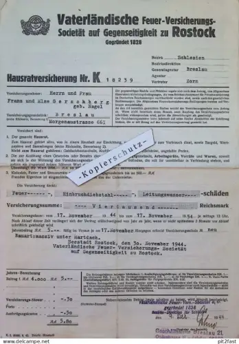 F. Gerschberg geb, Nagel in Breslau , 1944 , Vaterländische Versicherung Rostock , altes Dokument , Mecklenburg !!