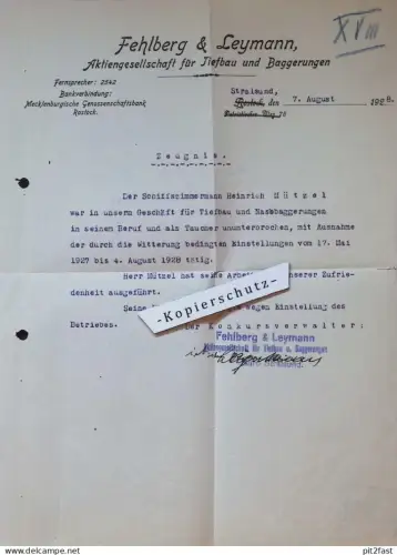 Fehlberg & Leymann in Rostock / Stralsund , 1928 , Zeugnis für Taucher Heinrich Mützel , altes Dokument , Mecklenburg !!