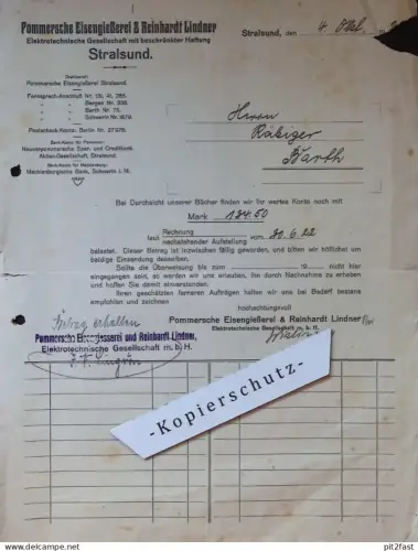 Pommersche Eisengießerei - R. Lindner in Stralsund , 1922 , Hr. Räbiger in Barth , altes Dokument , Mecklenburg !!