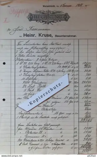 Bauunternehmer Heinrich Kruse in Warnemünde , 1911 , Rostock , Fr. Rassmann , altes Dokument , Mecklenburg !!