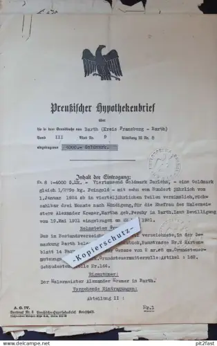 Hypothek -  Alexander Kremer in Barth , 1931/32 , M. Kremer geb. Persky , Franzburg , altes Dokument , Mecklenburg !!