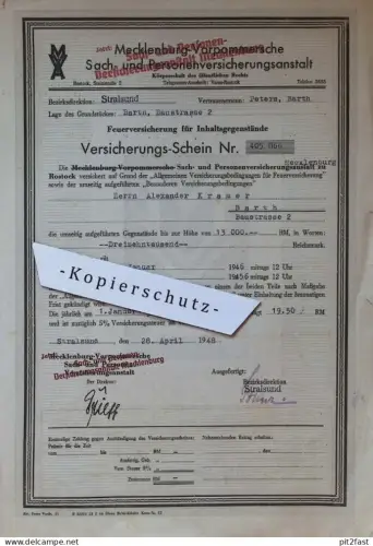Versicherung , Alexander Kramer in Barth , 1948 , Stralsund , altes Dokument , Mecklenburg !!