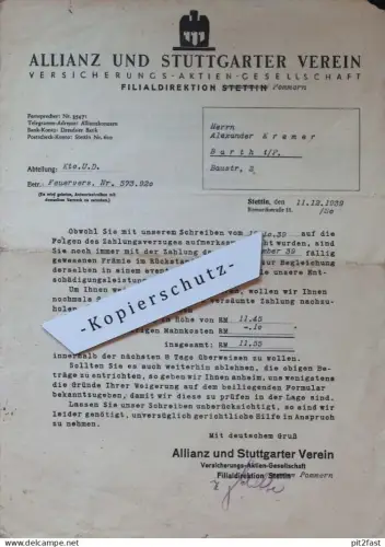 Allianz Versicherung , Alexander Kremer in Barth , 1939 , altes Dokument , Mecklenburg !!