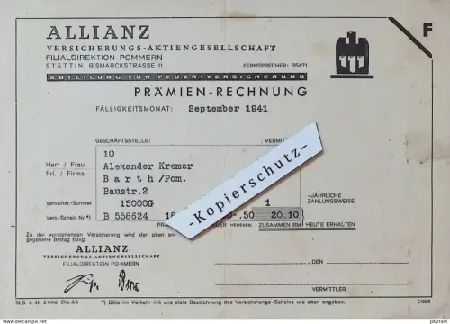 Prämien Rechnung Allianz , Alexander Kremer in Barth , 1941 , Versicherung , altes Dokument , Mecklenburg !!