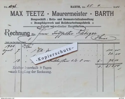 Maurer - Max Teetz in Barth , 1922 , L. Räbiger , altes Dokument , Mecklenburg !!