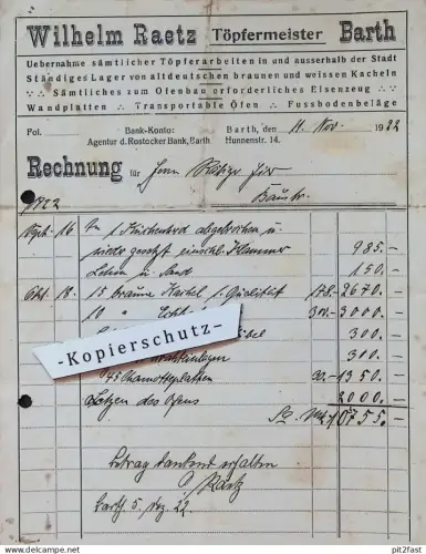 Töpfer - Wilhelm Raetz in Barth , 1922 , altes Dokument , Mecklenburg !!
