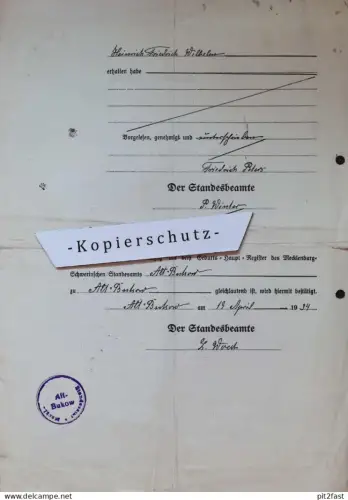 Friedrich Peters in Alt Bukow b. Neubukow , 1934 , P. Winter , L. Woest , Vogelsang , altes Dokument , Mecklenburg !!