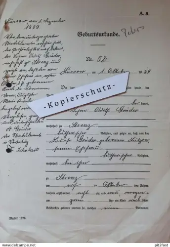 Adolf Grüder in Lüssow , 1889 , Fr. Schubart , bei Güstrow , altes Dokument , Mecklenburg !!