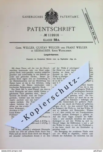 original Patent - Gebr. Gustav & Franz Welger | Seehausen / Wanzleben | 1899 | Langstrohpresse | Strohpresse | Stroh !
