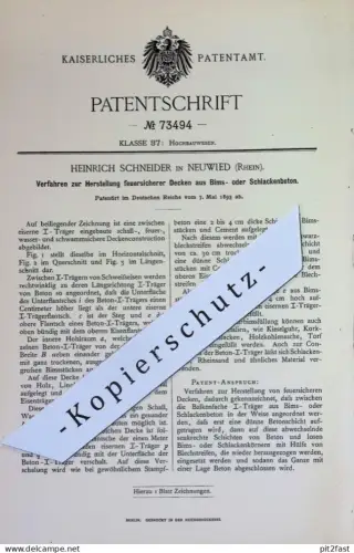 original Patent - Heinrich Schneider , Neuwied / Rhein | 1893 | feuersichere Decken aus Bims- o. Schlackenbeton | Beton