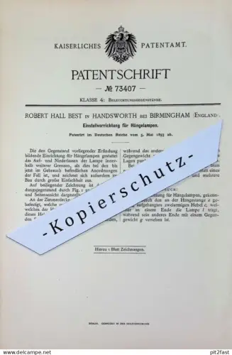 original Patent - Robert Hall Best , Handsworth / Birmingham , England | 1893 | Hängelampen | Lampe Lampen , Beleuchtung