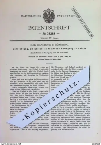 original Patent - Max Dannhorn , Nürnberg | 1883 | Kreisel in rotierende Bewegung setzen | Spielzeug , Sport !!