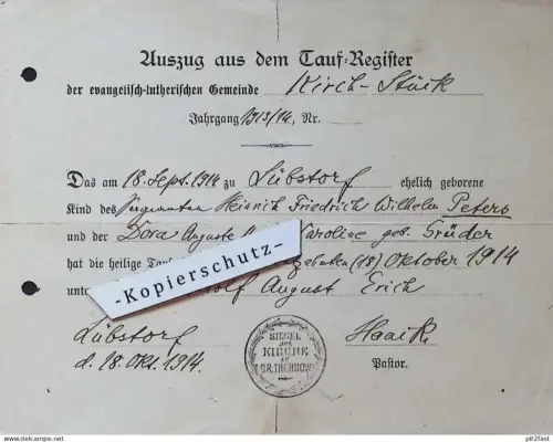 H.F. Peters in Lübstorf , 1914 ,  Kirche Groß Trebbow , D. Grüder , altes Dokument , Mecklenburg !!