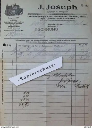 J. Joseph / A. Stropahl in Schwerin , 1932 , altes Dokument , Rechnung , Mecklenburg !!