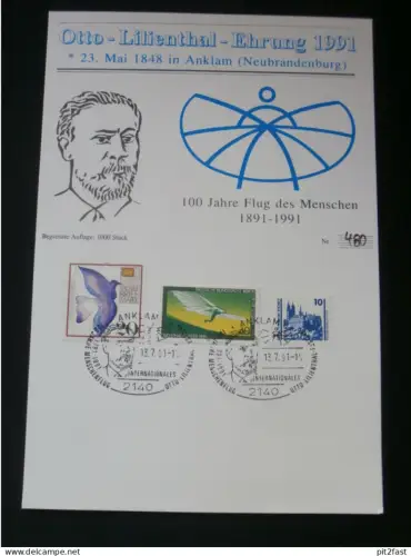 Ersttagsblatt , Otto Lilienthal Ehrung 1991 , Anklam , Neubrandenburg , FDC !!