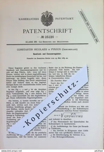 original Patent - Constantin Nicolaidi , Pyräus , Griechenland | 1883 | Regulator für Gasdruck u. Gasverbrauch | Gas !