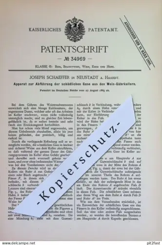 original Patent - Joseph Schaeffer , Neustadt / Haardt | 1885 | Abführung der schädlichen Gase aus Wein - Gährkeller !!