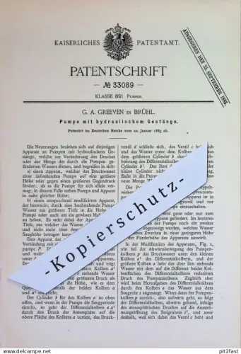 original Patent - G. A. Greeven , Brühl | 1885 | Pumpe mit hydraulischem Gestänge | Pumpen , Hydraulik , Dampfkessel