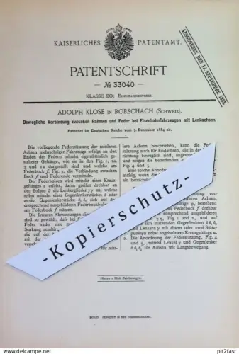 original Patent - Adolph Klose , Rorschach Schweiz | 1884 | Verbindung an Eisenbahnfahrzeugen mit Lenkachsen | Eisenbahn