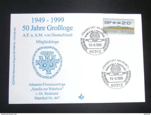 50 Jahre , Loge "Sundia zur Wahrheit" in Stralsund , 1999 - Ersttagsbrief , FDC !!